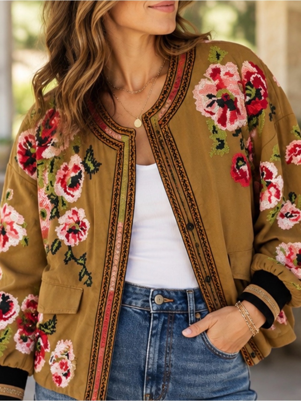 Anthropologie Embroidered Needlepoint Bomber Jacket